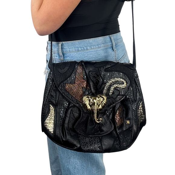 1980s Vintage NAS Black Frogskin Faux Leather Elephant Buckle Shoulder Bag - Picture 12 of 12